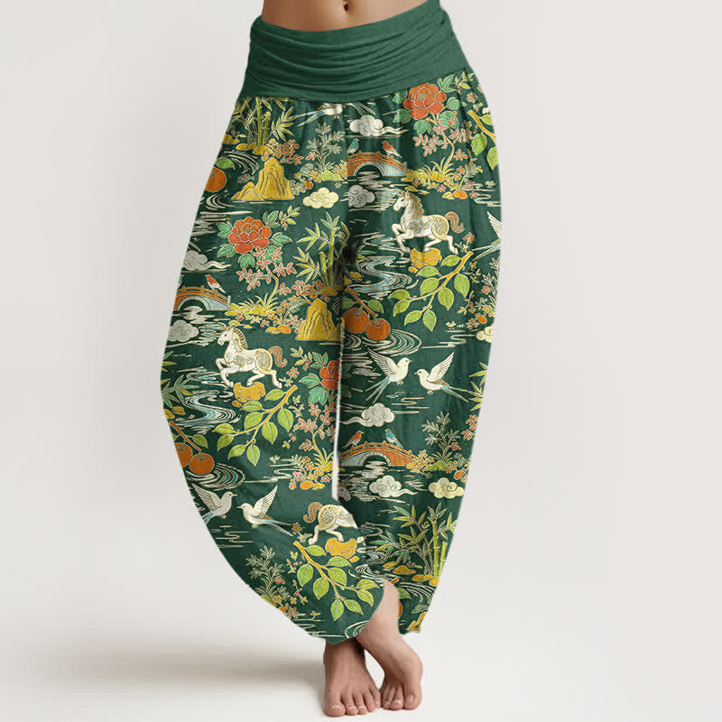 Nimara Ritual Cotton Horse Bird Landscape Floral Pattern Women's Elastic Waist Harem Pants