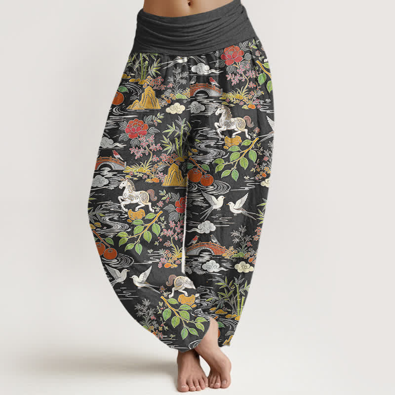 Nimara Ritual Cotton Horse Bird Landscape Floral Pattern Women's Elastic Waist Harem Pants