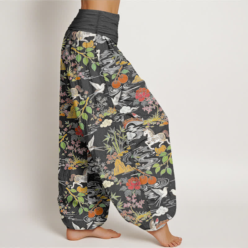 Nimara Ritual Cotton Horse Bird Landscape Floral Pattern Women's Elastic Waist Harem Pants