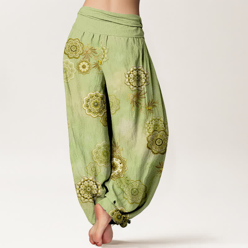 Nimara Ritual Pure Cotton Mandala Floral Leaves Pattern Women's Elastic Waist Harem Pants