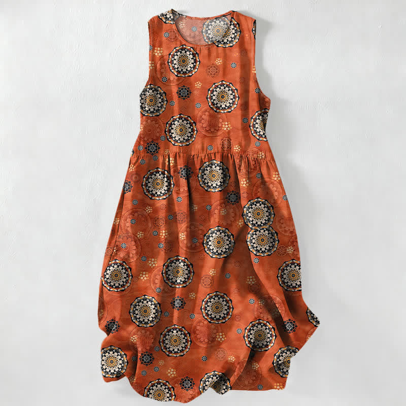 Nimara Ritual Summer Casual Boho Mandala Medallion Pattern Women's Summer Sleeveless Midi Dress With Pockets