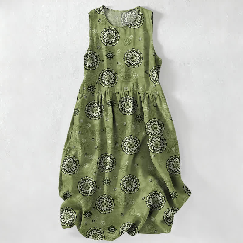 Nimara Ritual Summer Casual Boho Mandala Medallion Pattern Women's Summer Sleeveless Midi Dress With Pockets