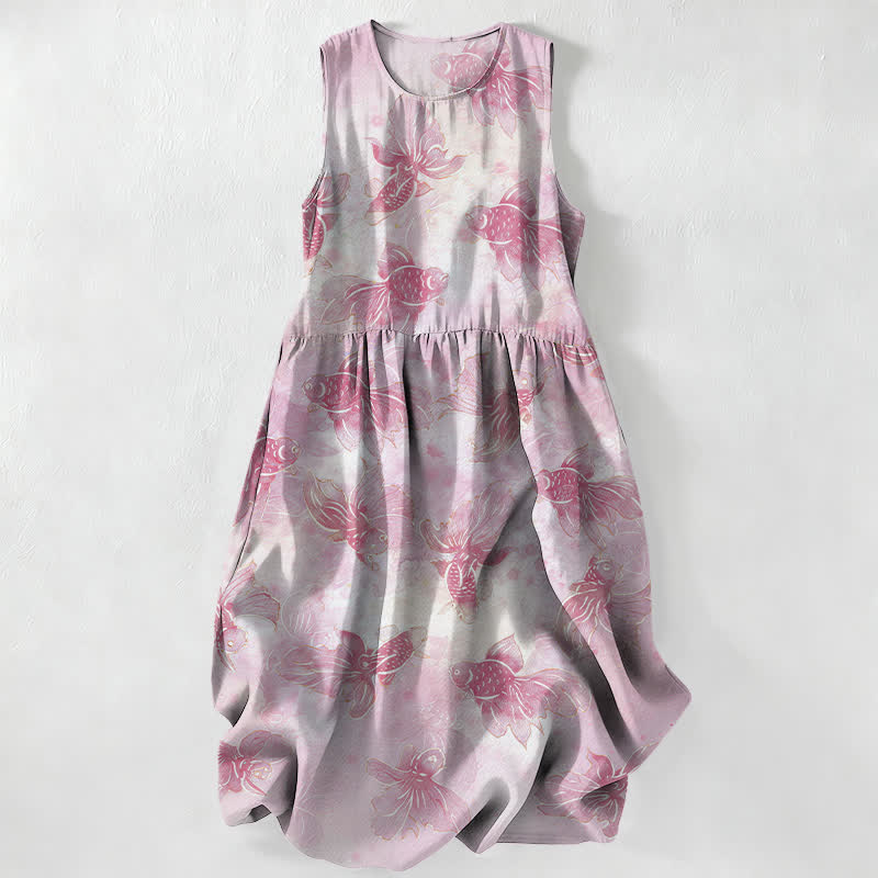 Nimara Ritual Summer Casual Goldfish Koi Fish Pattern Women's Summer Sleeveless Midi Dress With Pockets