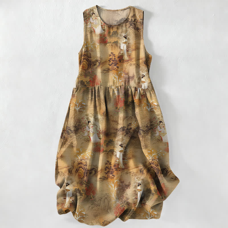 Nimara Ritual Summer Casual Oriental Ladies Landscape Pattern Women's Summer Sleeveless Midi Dress With Pockets
