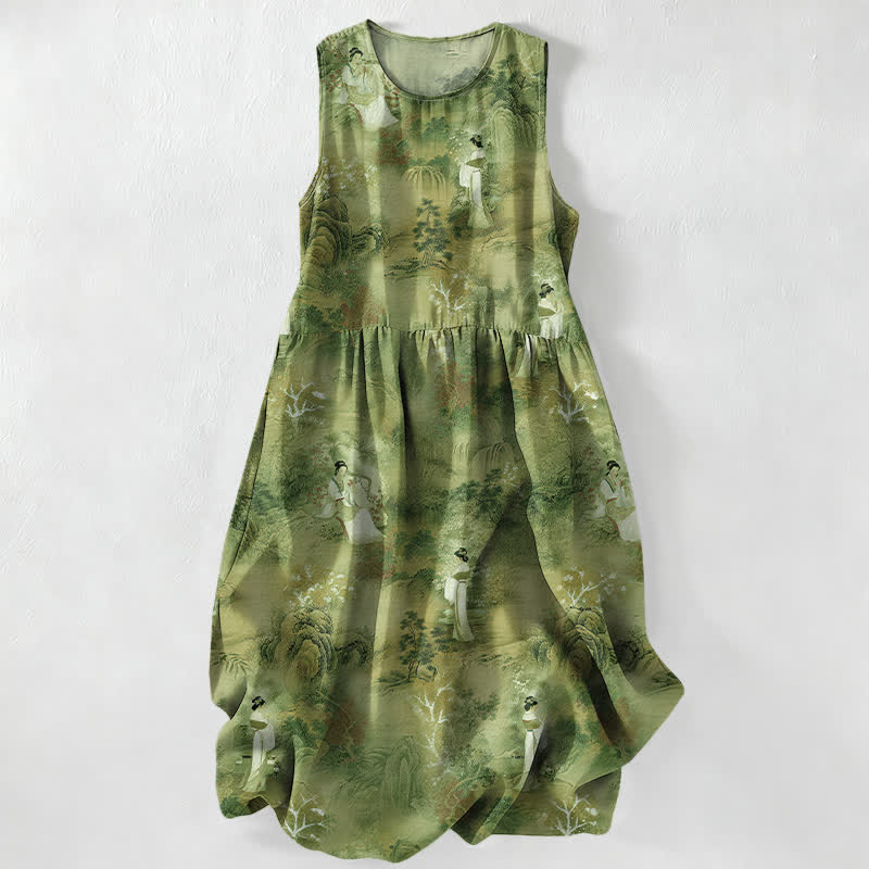 Nimara Ritual Summer Casual Oriental Ladies Landscape Pattern Women's Summer Sleeveless Midi Dress With Pockets