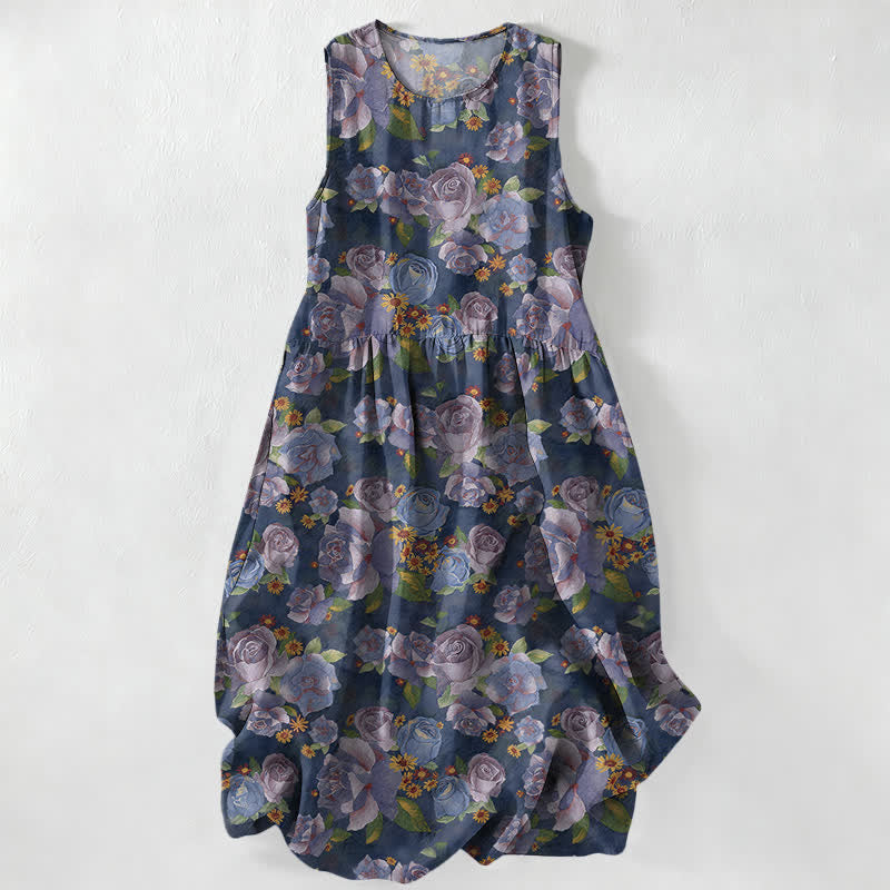Nimara Ritual Summer Casual Vintage Rose Flowers Pattern Women's Summer Sleeveless Midi Dress With Pockets