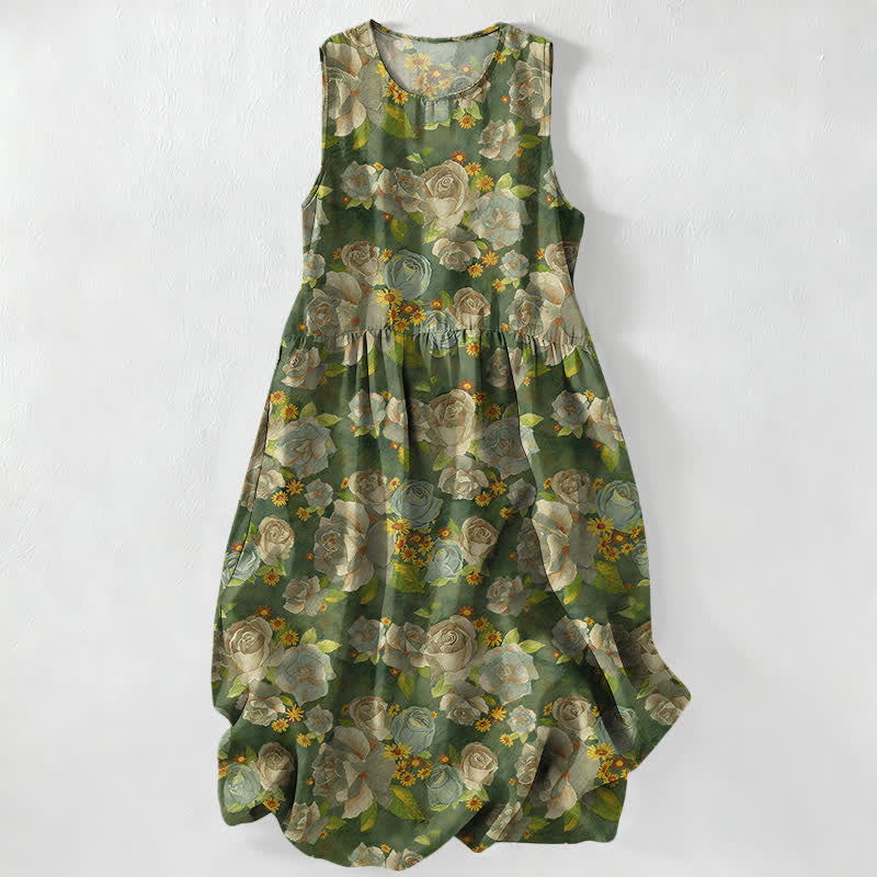Nimara Ritual Summer Casual Vintage Rose Flowers Pattern Women's Summer Sleeveless Midi Dress With Pockets