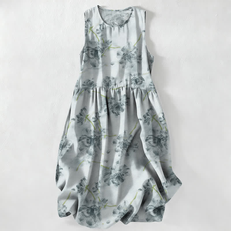 Nimara Ritual Summer Casual Floral Botanical Pattern Women's Summer Sleeveless Midi Dress With Pockets