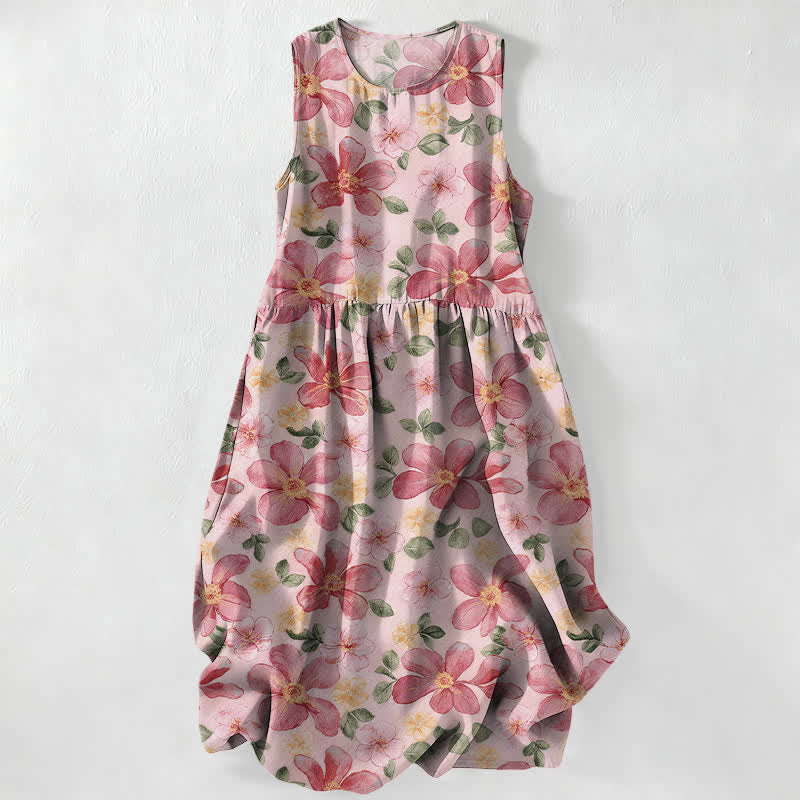 Nimara Ritual Summer Casual Large Petals Leaves Pattern Women's Summer Sleeveless Midi Dress With Pockets