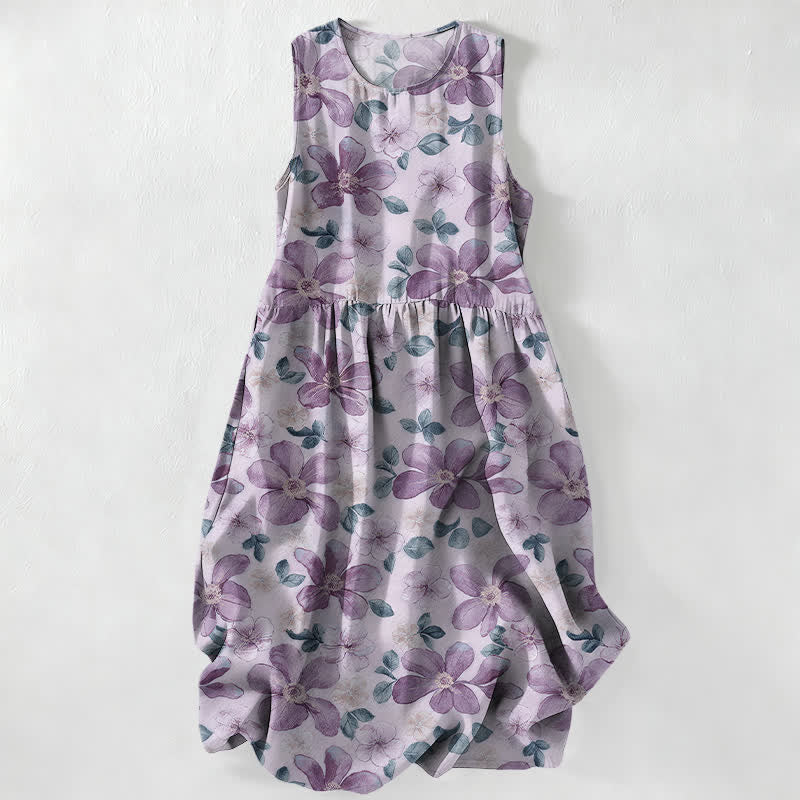 Nimara Ritual Summer Casual Large Petals Leaves Pattern Women's Summer Sleeveless Midi Dress With Pockets