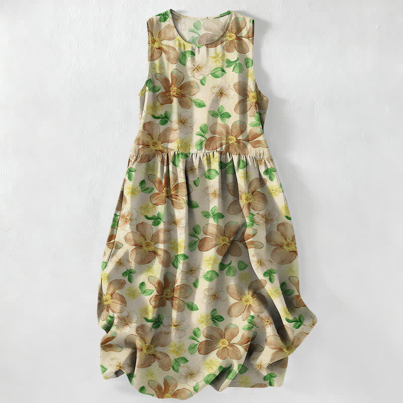 Nimara Ritual Summer Casual Large Petals Leaves Pattern Women's Summer Sleeveless Midi Dress With Pockets