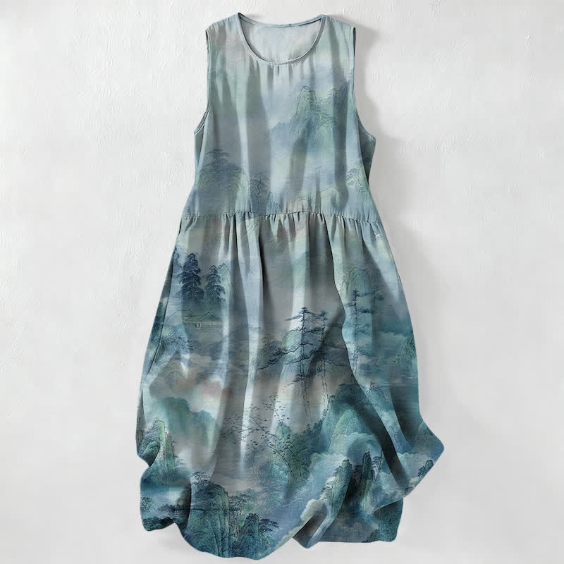 Nimara Ritual Summer Casual Ink Landscape Pattern Women's Summer Sleeveless Midi Dress With Pockets