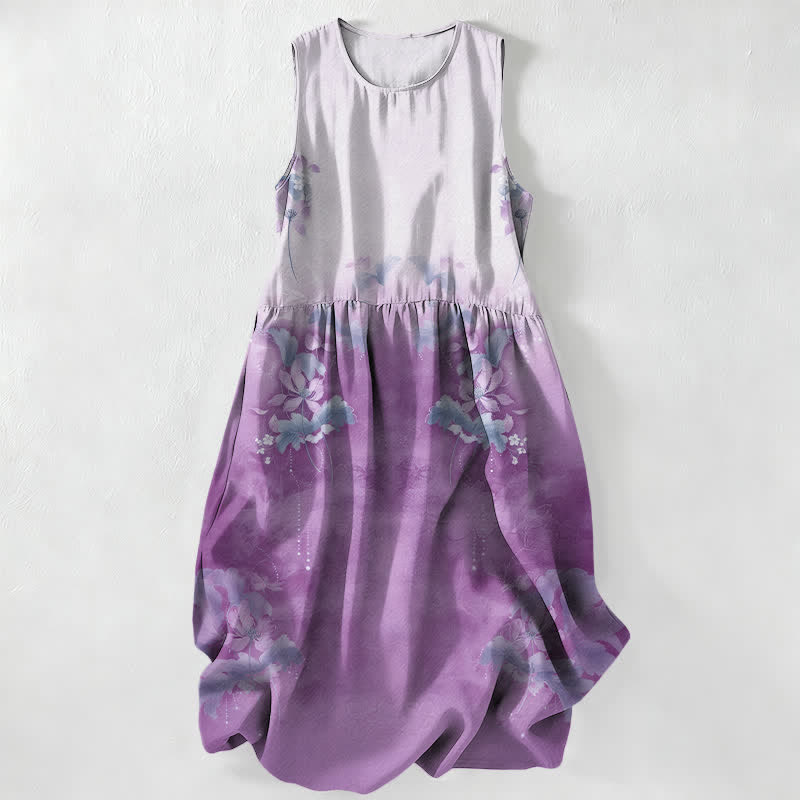 Nimara Ritual Summer Casual Gradient Floral Leaves Pattern Women's Summer Sleeveless Midi Dress With Pockets