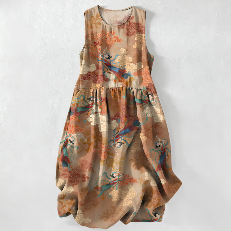 Nimara Ritual Summer Casual Eastern Cloud Figure Pattern Women's Summer Sleeveless Midi Dress With Pockets