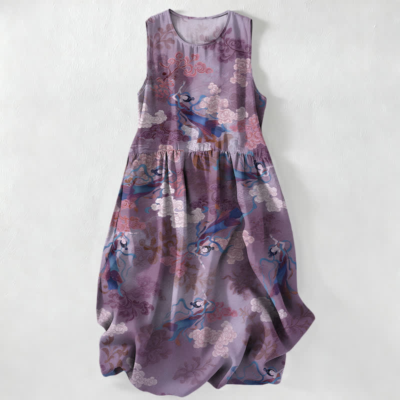 Nimara Ritual Summer Casual Eastern Cloud Figure Pattern Women's Summer Sleeveless Midi Dress With Pockets