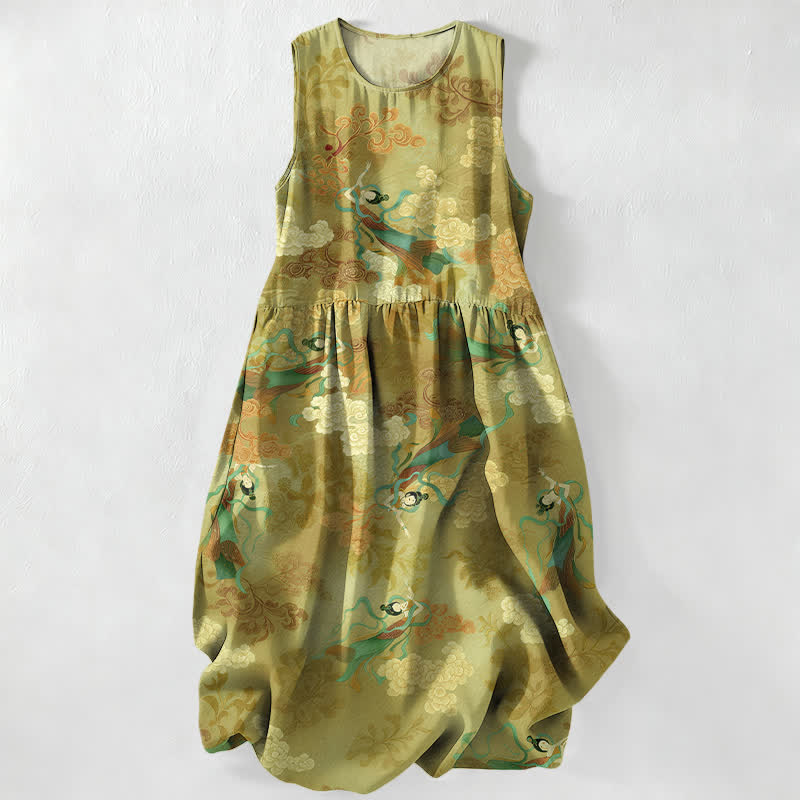 Nimara Ritual Summer Casual Eastern Cloud Figure Pattern Women's Summer Sleeveless Midi Dress With Pockets