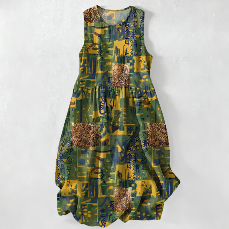 Nimara Ritual Summer Casual Abstract Patchwork Geometric Pattern Women's Summer Sleeveless Midi Dress With Pockets