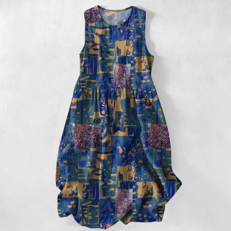Nimara Ritual Summer Casual Abstract Patchwork Geometric Pattern Women's Summer Sleeveless Midi Dress With Pockets