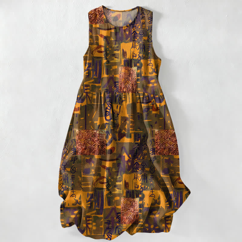 Nimara Ritual Summer Casual Abstract Patchwork Geometric Pattern Women's Summer Sleeveless Midi Dress With Pockets