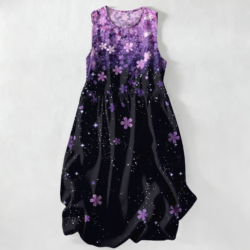 Nimara Ritual Summer Casual Cherry Blossom Starlight Pattern Women's Summer Sleeveless Midi Dress With Pockets