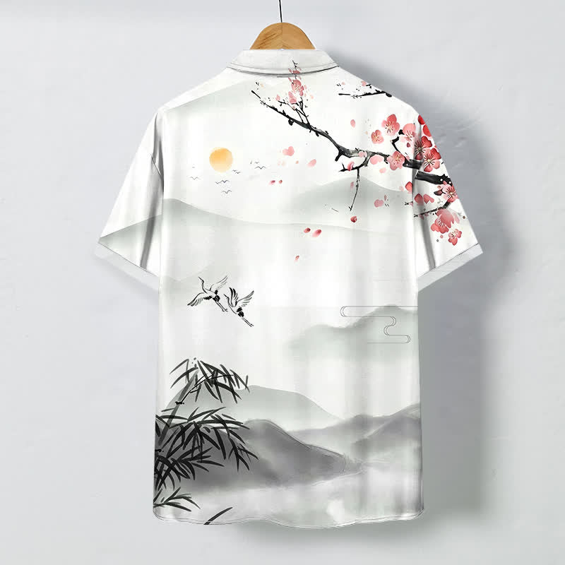 Nimara Ritual Ink Landscape Crane Bamboo Plum Blossom Pattern Buttons Wrinkle-resistant Breathable Men's Short Sleeve Shirt