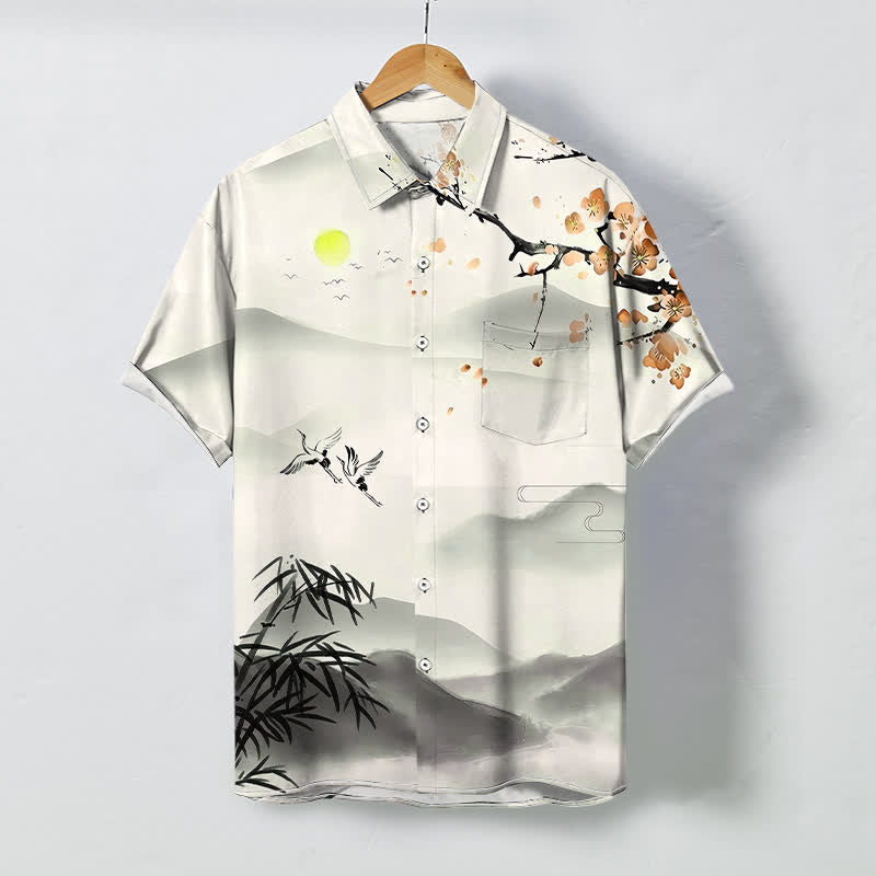 Nimara Ritual Ink Landscape Crane Bamboo Plum Blossom Pattern Buttons Wrinkle-resistant Breathable Men's Short Sleeve Shirt