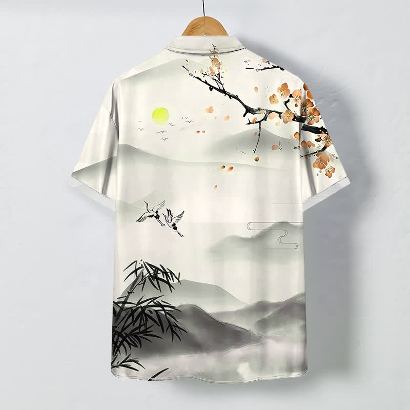 Nimara Ritual Ink Landscape Crane Bamboo Plum Blossom Pattern Buttons Wrinkle-resistant Breathable Men's Short Sleeve Shirt