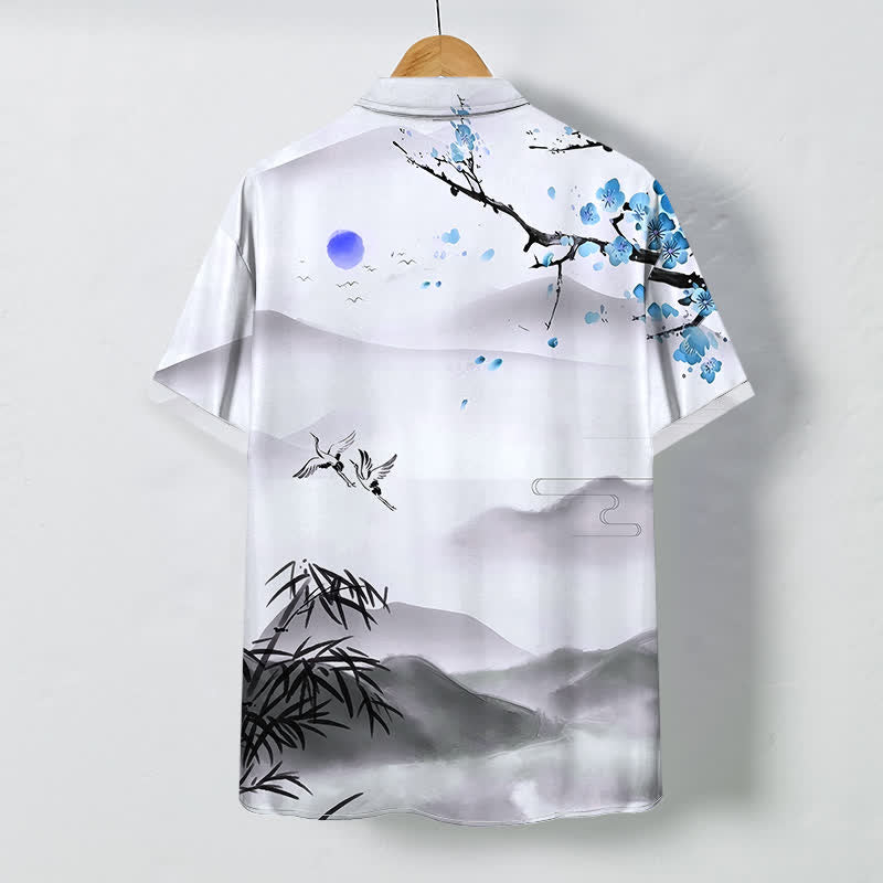 Nimara Ritual Ink Landscape Crane Bamboo Plum Blossom Pattern Buttons Wrinkle-resistant Breathable Men's Short Sleeve Shirt