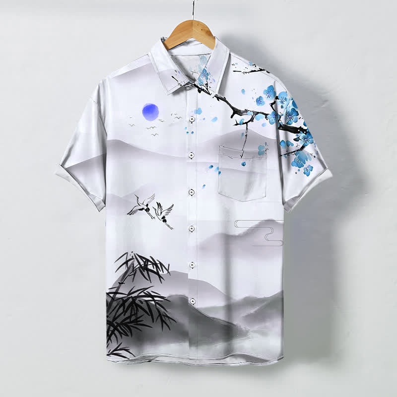 Nimara Ritual Ink Landscape Crane Bamboo Plum Blossom Pattern Buttons Wrinkle-resistant Breathable Men's Short Sleeve Shirt