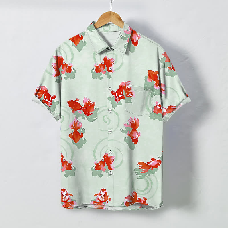 Nimara Ritual Red Koi Fish Ripple Pattern Buttons Wrinkle-resistant Men's Short Sleeve Shirt