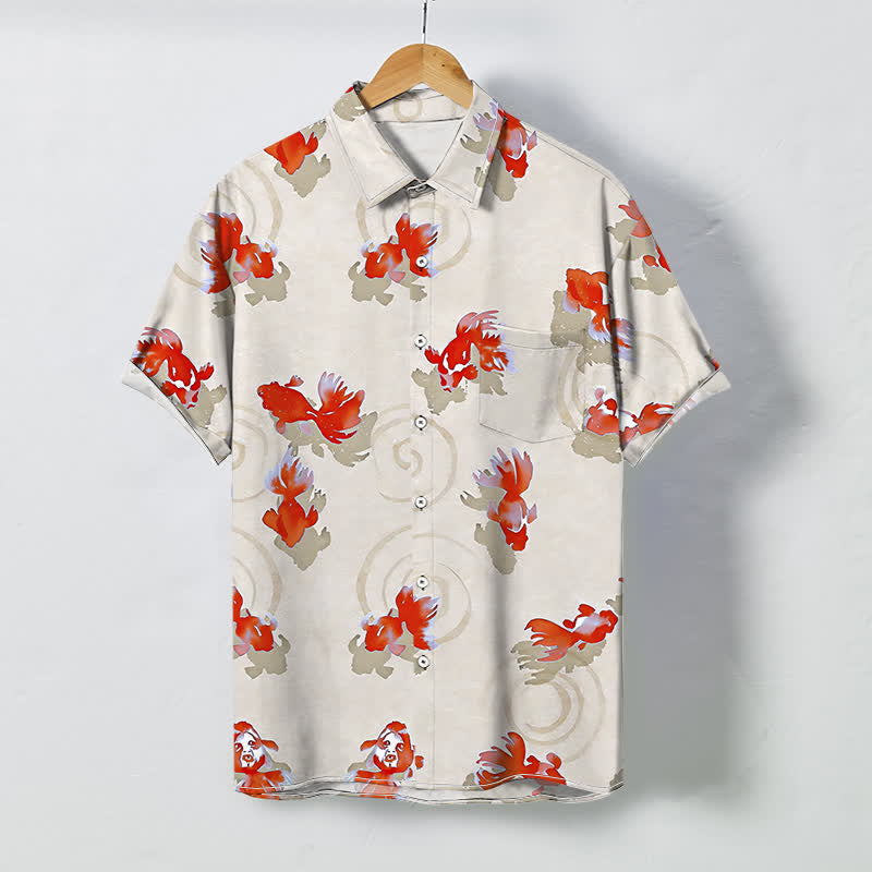 Nimara Ritual Red Koi Fish Ripple Pattern Buttons Wrinkle-resistant Men's Short Sleeve Shirt
