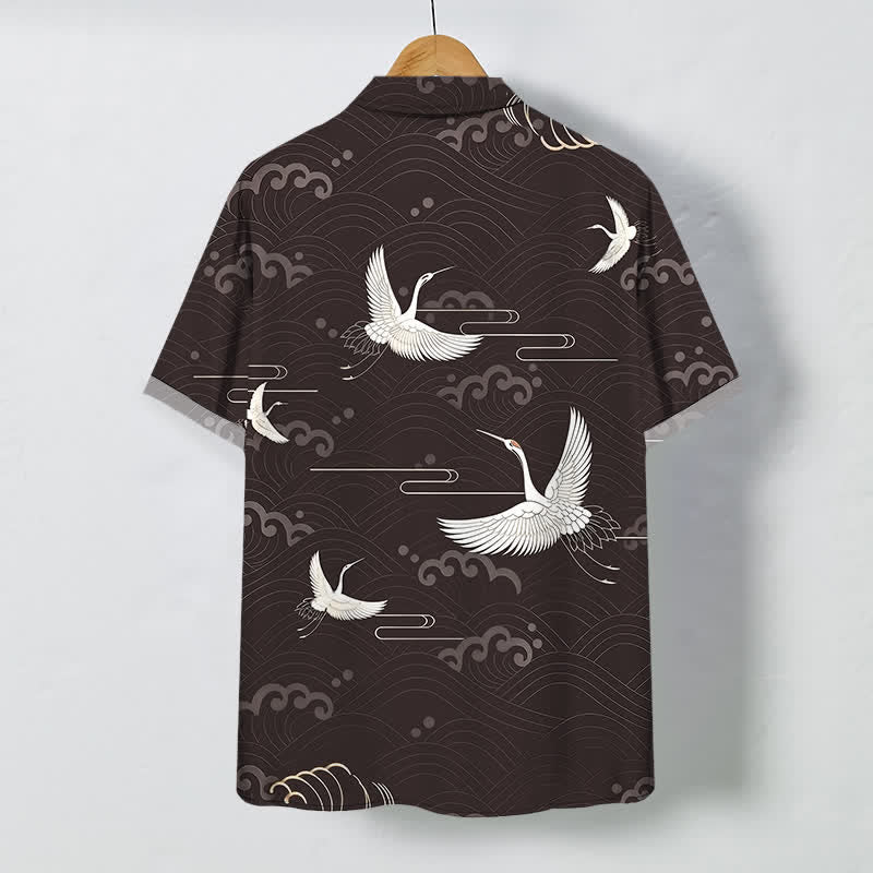 Nimara Ritual Crane Cloud Wave Pattern Buttons Breathable Men's Short Sleeve Shirt