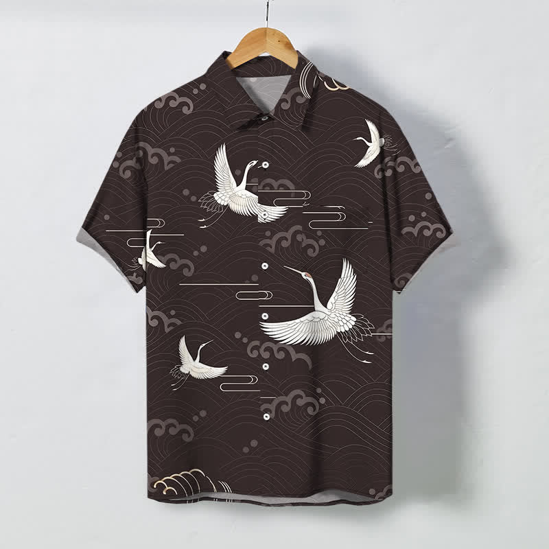 Nimara Ritual Crane Cloud Wave Pattern Buttons Breathable Men's Short Sleeve Shirt