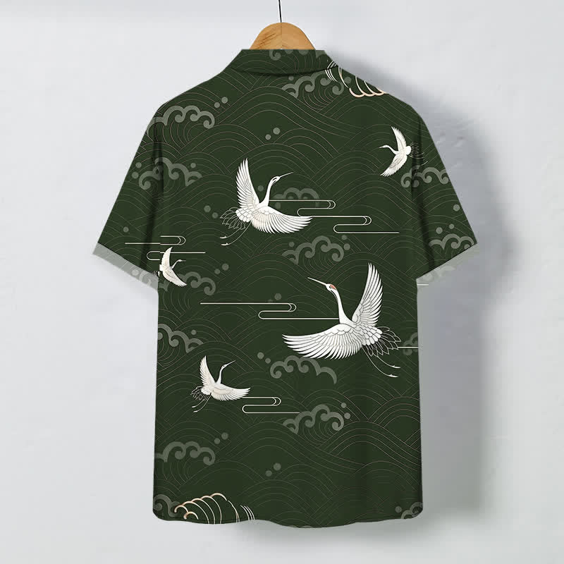 Nimara Ritual Crane Cloud Wave Pattern Buttons Breathable Men's Short Sleeve Shirt