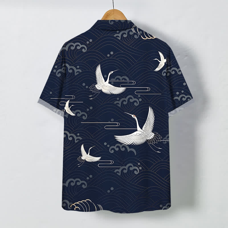 Nimara Ritual Crane Cloud Wave Pattern Buttons Breathable Men's Short Sleeve Shirt