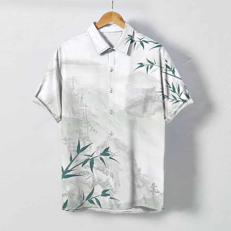 Nimara Ritual Ink Landscape Bamboo Pattern Buttons Breathable Men's Short Sleeve Shirt