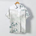 Nimara Ritual Ink Landscape Bamboo Pattern Buttons Breathable Men's Short Sleeve Shirt