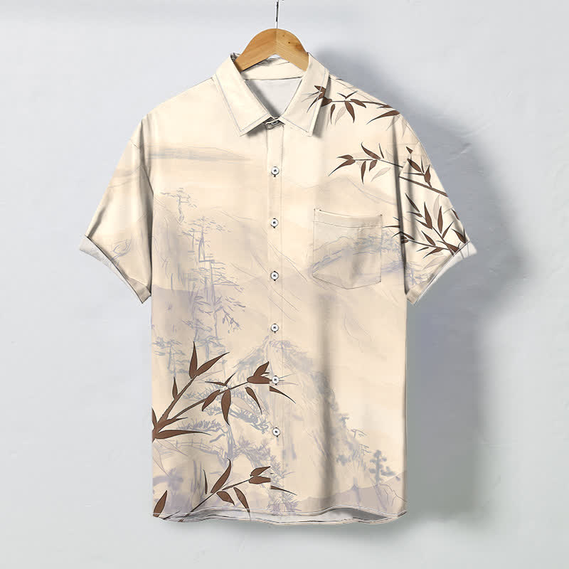 Nimara Ritual Ink Landscape Bamboo Pattern Buttons Breathable Men's Short Sleeve Shirt