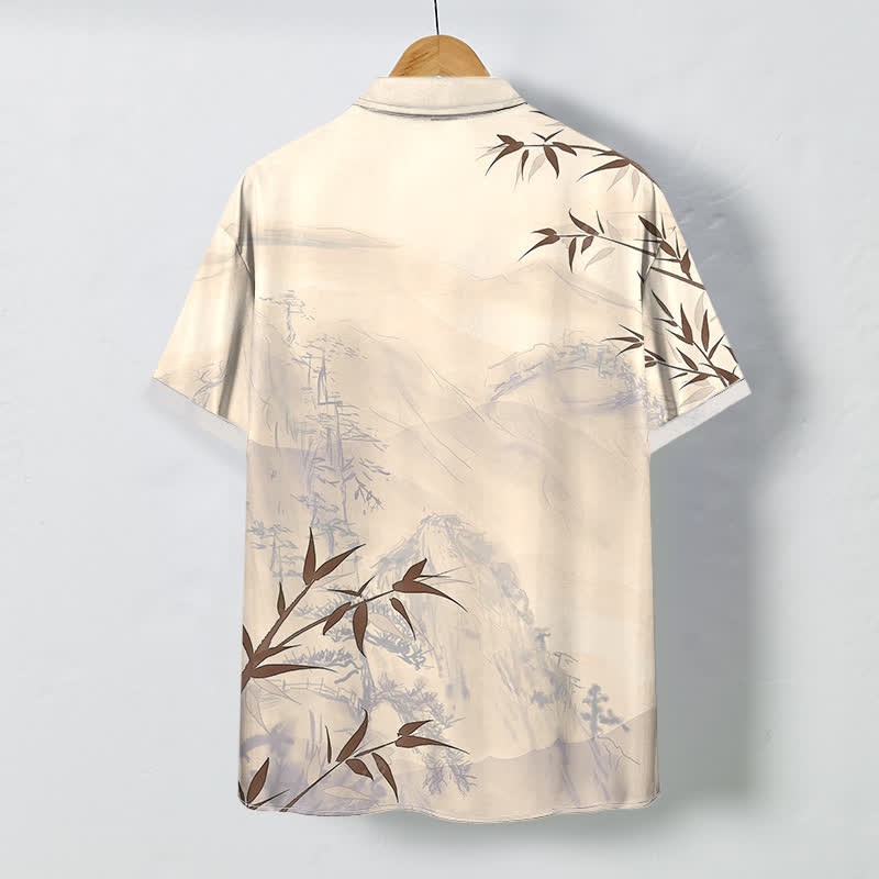 Nimara Ritual Ink Landscape Bamboo Pattern Buttons Breathable Men's Short Sleeve Shirt