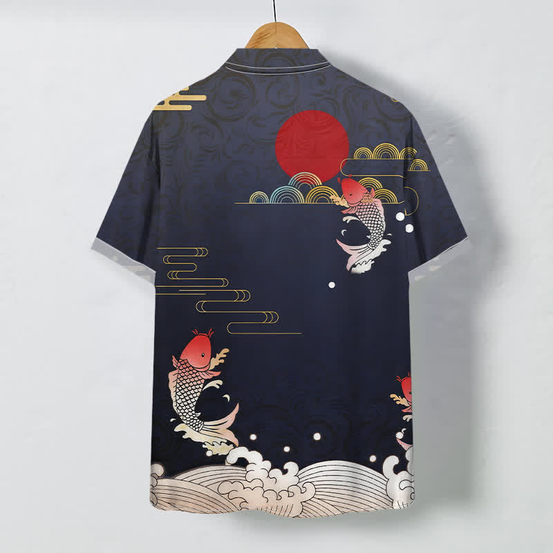Nimara Ritual Red Koi Fish Wave Red Sun Pattern Buttons Breathable Men's Short Sleeve Shirt