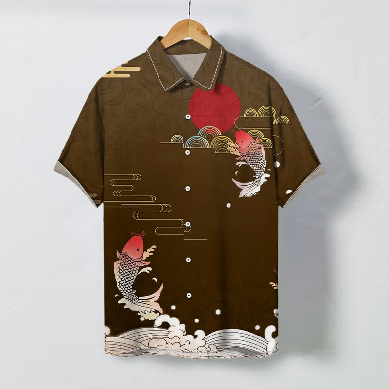 Nimara Ritual Red Koi Fish Wave Red Sun Pattern Buttons Breathable Men's Short Sleeve Shirt