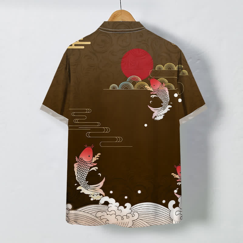 Nimara Ritual Red Koi Fish Wave Red Sun Pattern Buttons Breathable Men's Short Sleeve Shirt