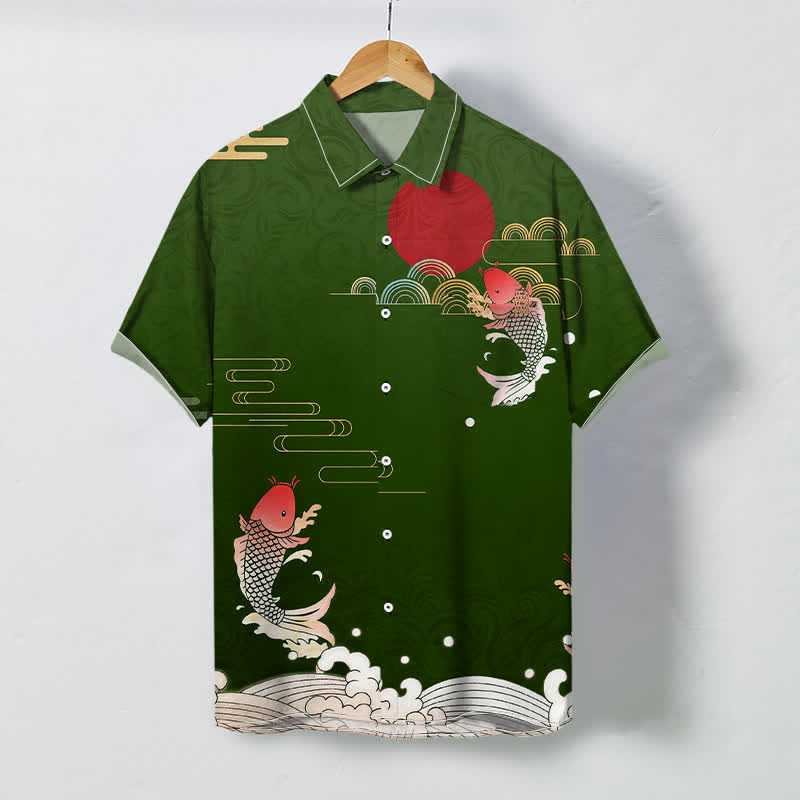 Nimara Ritual Red Koi Fish Wave Red Sun Pattern Buttons Breathable Men's Short Sleeve Shirt