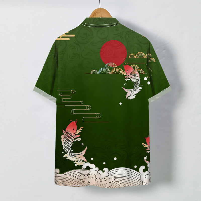 Nimara Ritual Red Koi Fish Wave Red Sun Pattern Buttons Breathable Men's Short Sleeve Shirt