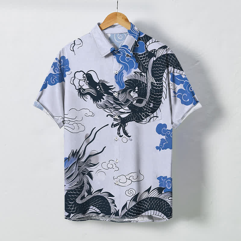 Nimara Ritual Oriental Dragon Cloud Pattern Buttons Wrinkle-resistant Men's Short Sleeve Shirt