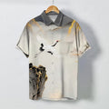 Nimara Ritual Ink Crane Mountain Pattern Buttons Wrinkle-resistant Men's Short Sleeve Shirt