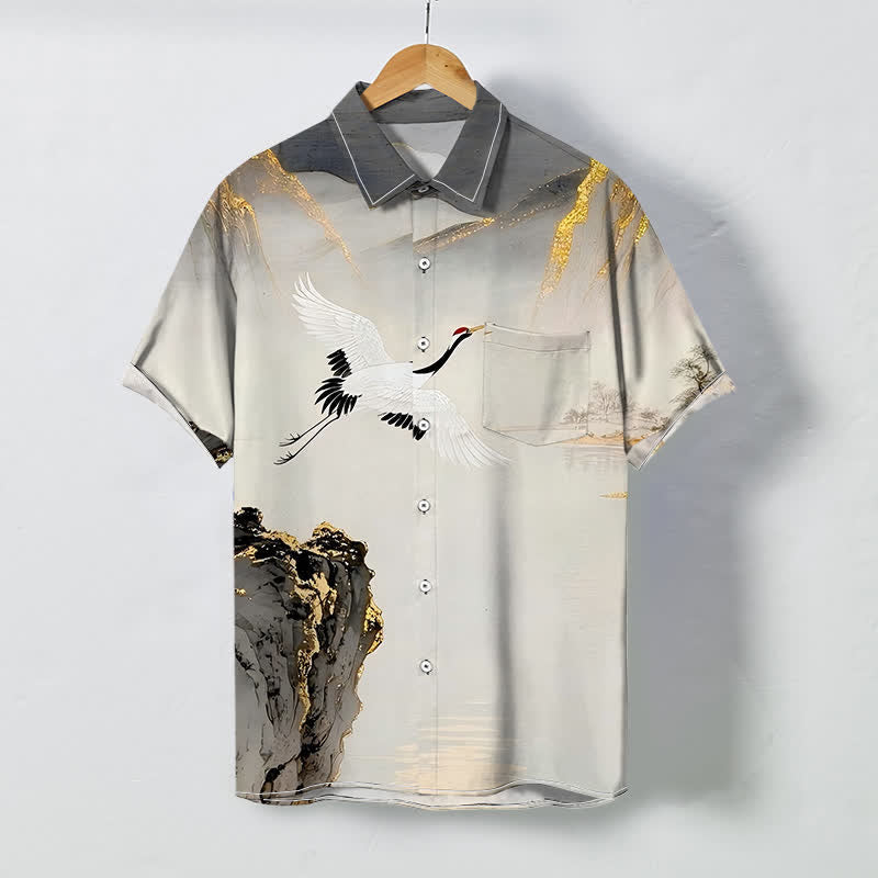 Nimara Ritual Ink Crane Mountain Pattern Buttons Wrinkle-resistant Men's Short Sleeve Shirt