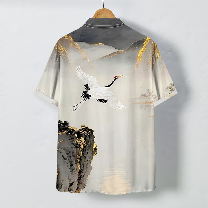 Nimara Ritual Ink Crane Mountain Pattern Buttons Wrinkle-resistant Men's Short Sleeve Shirt