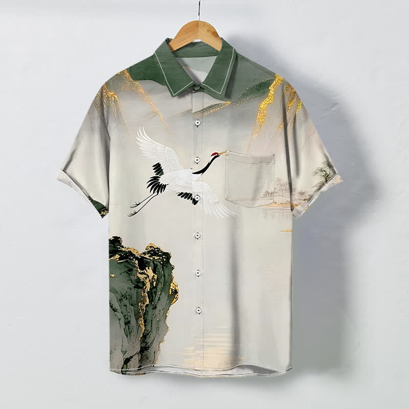Nimara Ritual Ink Crane Mountain Pattern Buttons Wrinkle-resistant Men's Short Sleeve Shirt