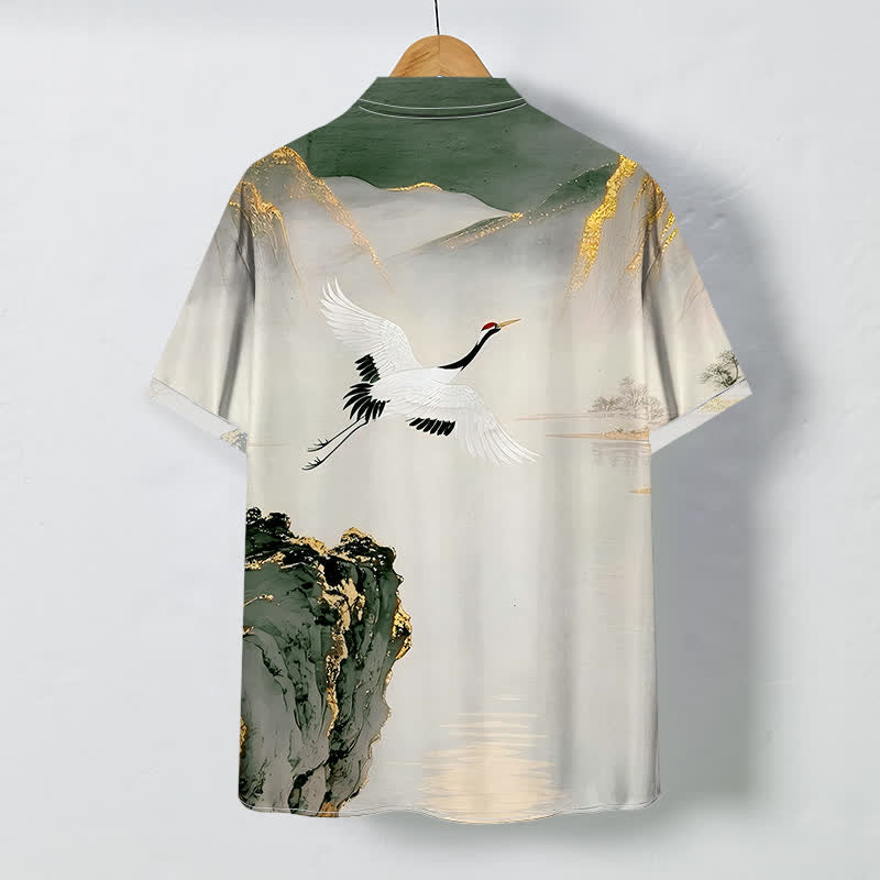 Nimara Ritual Ink Crane Mountain Pattern Buttons Wrinkle-resistant Men's Short Sleeve Shirt